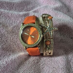 Orange Watch And Bracelet Combo with Gold Accents